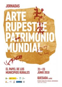 Cartel de las jornadas de arte rupestre. Sobre fondo blanco mancha marron simulando piedra, sobre ella letras blancas y marcas y dibujos rupestres esquemáticos e rojo